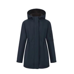 Close-up of dark blue hooded softshell jacket with waist drawstring and sleeve pocket