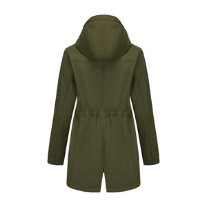 Rear view of olive green women's raincoat with drawstring waist and hooded design