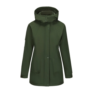Close-up of windproof dark green outdoor parka with waterproof fabric and zip pockets