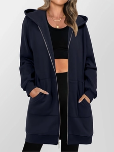 Women's Long Zip Up Hoodie Jacket Casual Solid Color Long Sleeve Hooded Sweatshirt With Pockets Outerwear Streetwear