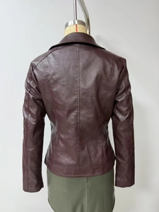 Detailed back view of a slim-fit burgundy faux leather jacket with floral embroidery