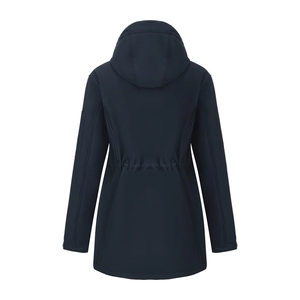 Back view of a navy waterproof jacket with hood and adjustable waist drawstring cord
