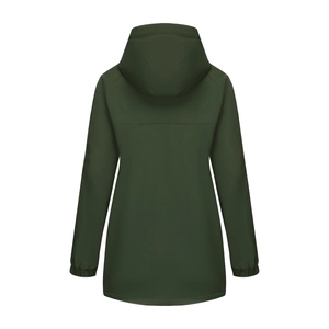 Detail view of the back of a green hooded winter jacket with elastic cuffs and yoke lines