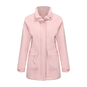 Detail view of light pink parka with adjustable velcro cuffs and double-sealed front closure