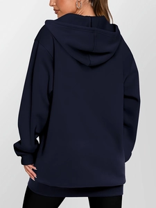 Navy blue oversized hooded longline sweatshirt for women with ribbed cuffs back view