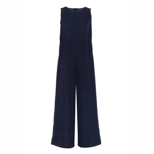 Detail view of the high-waist seam and wide-leg cut on this navy blue sleeveless jumpsuit