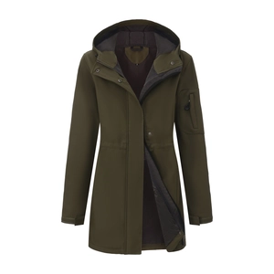 Detail of hooded softshell jacket showing brown fleece lining and sleeve zipper pocket