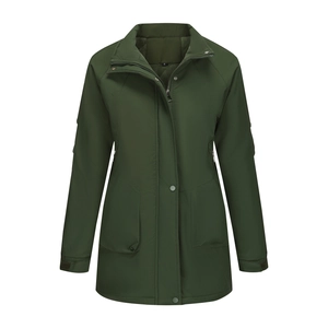 Detailed view of the size S label and warm lining on this green outdoor hiking jacket
