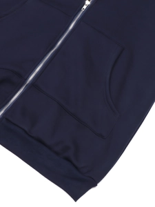 Navy blue long hooded coat with silver zipper and ribbed hem details on white background