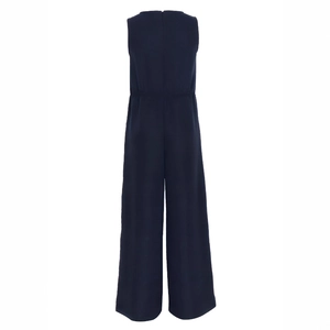 Detail view of the back of a sleeveless jumpsuit featuring a high neck and waist drawstring