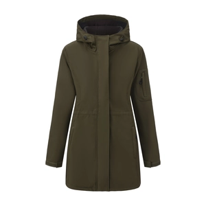 Close-up of olive green hooded windbreaker jacket with sleeve pockets and velcro cuffs