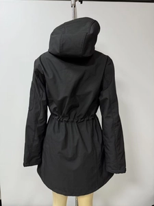 Back view of women's hooded windbreaker featuring adjustable drawstring waist and durable fabric