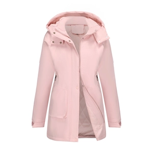 Detail of light pink waterproof hooded jacket showing zipper closure and quilted lining