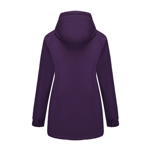 Back view of a deep purple water-resistant hooded jacket with elastic cuffs