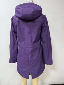 Rear view of purple waterproof hooded raincoat with fishtail hem and windproof design