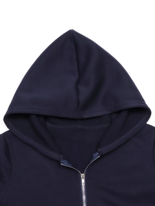 Women's dark blue hooded long coat with zipper closure and premium textured fabric
