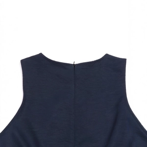 Detail of round neckline and back zipper on dark blue sleeveless cotton linen jumpsuit