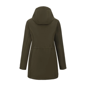 Rear view of dark olive green women's hooded outdoor jacket with adjustable drawstring waist
