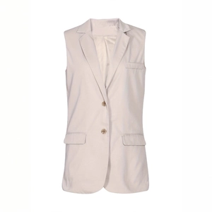 Detail of light beige sleeveless suit vest showing classic lapels and dual textured buttons