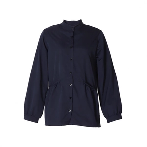 Detailed view of women's dark blue long sleeve jacket with double pockets and standing collar