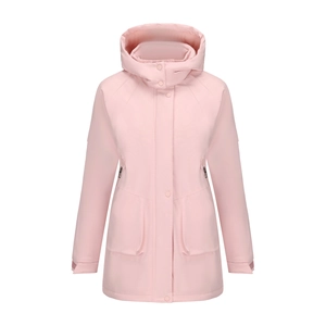 Detail view of the pale pink winter parka featuring button closure and large flap pockets