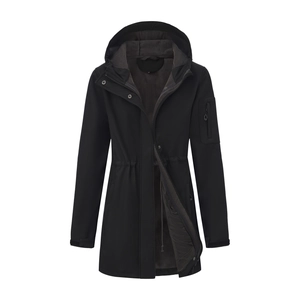 Detail of dark grey fleece lining and adjustable drawstring waist on hooded jacket
