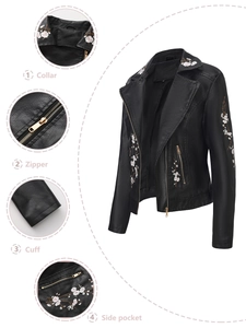 Veste motard noire en cuir PU pour femme avec broderies de cerisier et détails zippés
