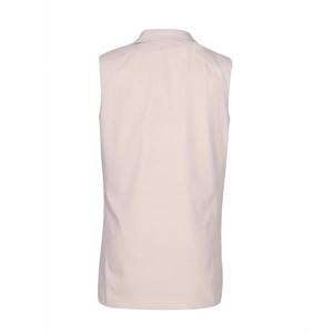 Back view of a beige sleeveless vest with a stand-up collar and tailored minimalist design