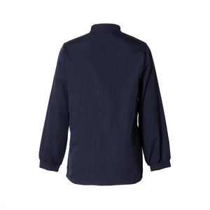 Detail view showing the back of navy blue casual windbreaker with elastic cuffs and stand collar