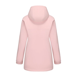 Back view of a light pink waterproof hooded jacket with elastic cuffs for women