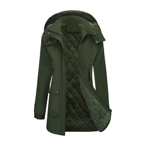 Detail of dark green winter parka with diamond-quilted lining and dual snap zipper closure