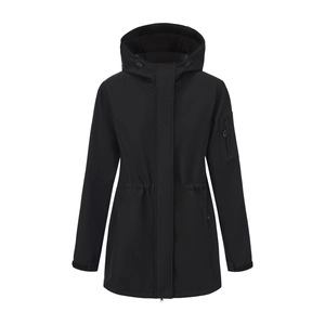 Close-up of hooded jacket with adjustable drawstring waist and side sleeve pocket