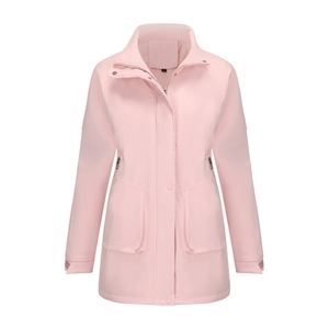 Detail view of pink outdoor jacket featuring double placket and large flap pockets