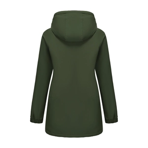 Rear view of dark green hooded jacket with waterproof matte fabric and elastic cuffs