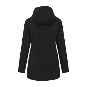 Rear view of black hooded softshell jacket with weather-resistant fabric and slim waistline