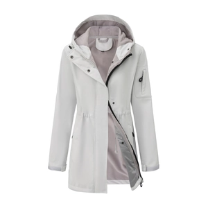 White hooded waterproof parka detail featuring fleece lining and adjustable drawstring waist