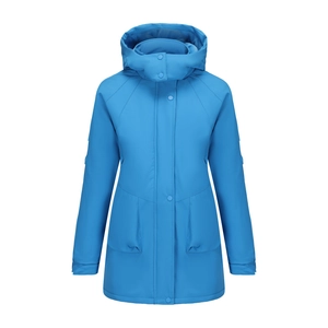 Front view of women's sky blue waterproof hiking jacket with detachable hood and buttons