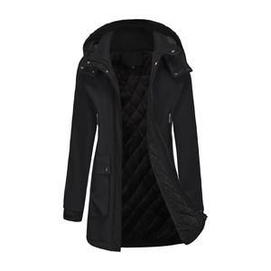 Detail of black waterproof parka showing quilted fleece lining and hood structure