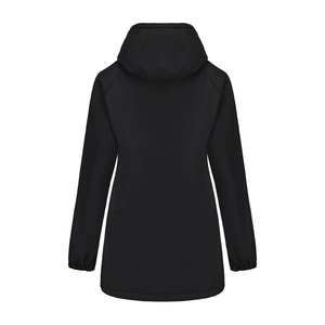 Back view of a black waterproof hooded parka featuring elastic cuffs and a curved hem