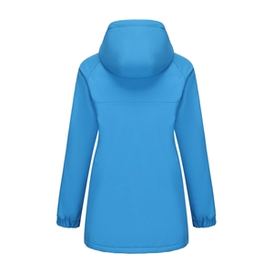 Back view of a blue hooded windproof winter jacket for women with elastic cuffs