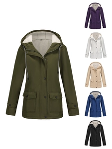 Women's fleece lined hooded windbreaker jacket with drawstring and cargo pockets