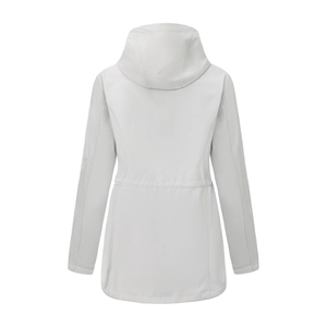 Back view of a white hooded softshell jacket with waist drawstring and curved hemline