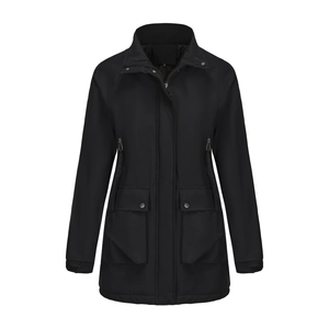 Detail view of women's black parkas with waterproof shell and functional pockets
