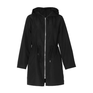Detail of hooded windbreaker with silver zipper and adjustable waist drawstring