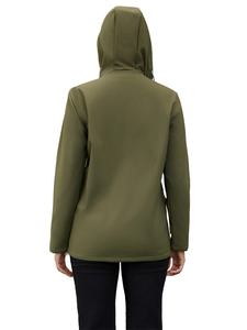 Women's dark green hooded softshell jacket with slim fit waterproof back design