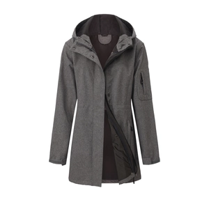 Detail of dark grey hooded jacket featuring arm zipper pocket and windproof fabric texture