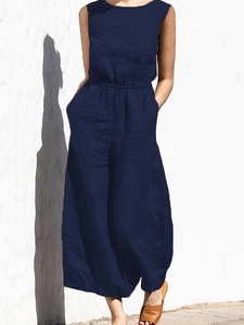Women Casual Sleeveless Jumpsuit Solid Color Round Neck Wide Leg Cinched Waist Romper With Pockets Back Zipper Navy Blue