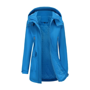Detail view of sky blue hooded parka showing internal diamond quilting and S size label