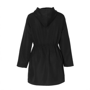 Detailed back view of a black hooded windbreaker jacket featuring a functional waist drawstring