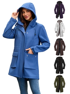 Women Hooded Waterproof Raincoat Windbreaker Mid Length Outdoor Parka Jacket Fleece Lined Windproof Casual Overcoat Trench Coat